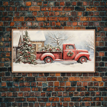 Cargar imagen en el visor de la galería, Christmas Tree Delivery - Retro Farmhouse Christmas Decor - Old Red Truck Delivering Christmas Trees - Framed Canvas Print - Holiday Decor
