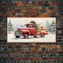 Cargar imagen en el visor de la galería, Christmas Tree Delivery - Retro Farmhouse Christmas Decor - Old Red Truck Delivering Christmas Trees - Framed Canvas Print - Holiday Decor
