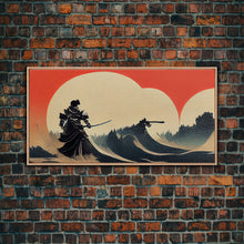 Load image into Gallery viewer, Japanese Samurai Fighting A Tidal Wave, ready to hang canvas print wall art, framed canvas wall art, mancave decor
