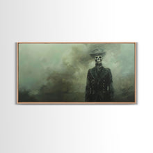 Load image into Gallery viewer, Dapper Skeleton In The Fog, Framed Canvas Print, Halloween Decor, Macabre Dark Academia Wall Art
