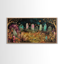 Load image into Gallery viewer, Colorful Haunted Grave Yard In The Spring Time, Framed Canvas Print, Spooky Wall Art, Halloween Spooky Season Decor
