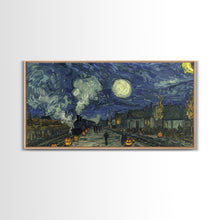 Load image into Gallery viewer, Starry Night Inspired Haunted Steam Train, Framed Canvas Print, Spooky Halloween Wall Art
