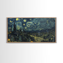 Load image into Gallery viewer, Starry Night Inspired Haunted Cemetery Framed Canvas Print, Halloween Wall Decor, Art Prints, Creepy Art
