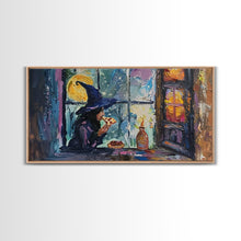 Load image into Gallery viewer, Witch Eatin&#39; a Slice of Pizza, Framed Canvas Print, Witchy Decor, Impasto Style Halloween Wall Art

