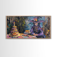 Carregar imagem no visualizador da galeria, Birthday Party for One, Springtime Witch and A Birthday Cake, Framed Canvas Print, Funny Halloween Art
