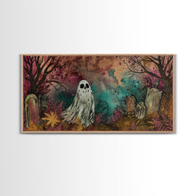 Load image into Gallery viewer, Cute Ghost In The Cemetery, Framed Canvas Print, Halloween Wall Decor, Halloween Trinkets
