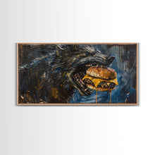 Carregar imagem no visualizador da galeria, Big Ol Werewolf Having A Cheese Burger - Framed Canvas Print - Funny Halloween Art
