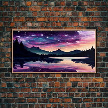 Carregar imagem no visualizador da galeria, Beautiful lake at night canvas print, purple and pink sunset night sky, wall art canvas, lake front view, guest room wall art
