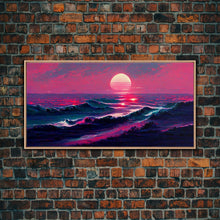 Load image into Gallery viewer, Synth wave sunset, ocean painting canvas print, outrun style, sun set art, wall decor, Made in Texas, ocean sunset, beach vaporwave
