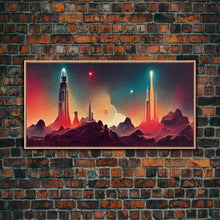 Carregar imagem no visualizador da galeria, Art deco style space canvas print, space ship art, space art, outrun style, sci-fi themed art print, science fiction, space exploration

