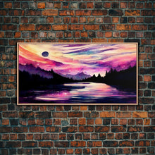 Carregar imagem no visualizador da galeria, Beautiful lake at night canvas print, purple and pink sunset night sky, wall art canvas, lake front view, guest room, surreal Lakehouse Art
