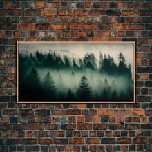 Load image into Gallery viewer, Framed Canvas Print, Pine Tree Forest, Misty Forest Landscape, Fog Covered Mountain, Nature Landscape Decor

