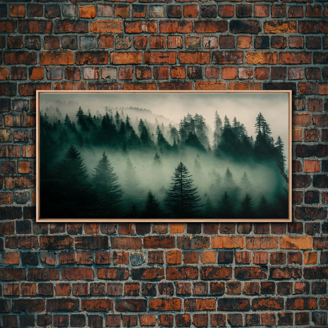 Framed Canvas Print, Pine Tree Forest, Misty Forest Landscape, Fog Covered Mountain, Nature Landscape Decor