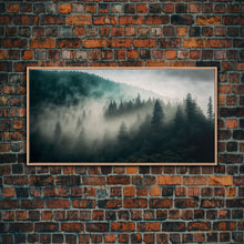 Carregar imagem no visualizador da galeria, Foggy Forest wall art, relaxing art, zen art, framed canvas print, foggy landscape, trendy decor
