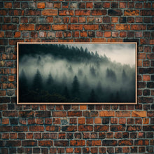Carregar imagem no visualizador da galeria, Foggy pine forest, Canadian forest art, framed canvas print, farmhouse decor, misty forst landscape
