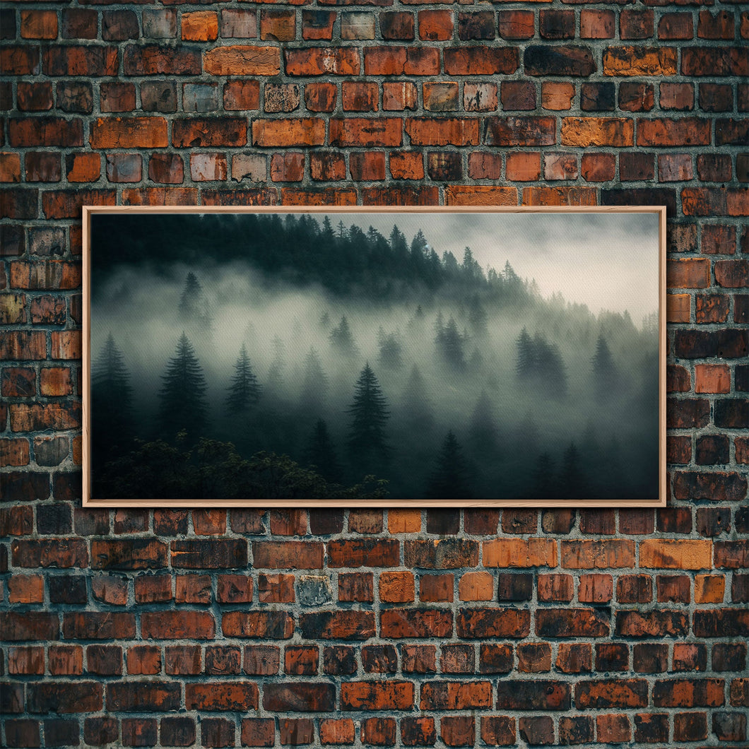 Foggy pine forest, Canadian forest art, framed canvas print, farmhouse decor, misty forst landscape