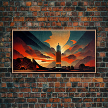 Cargar imagen en el visor de la galería, Dystopian metropolis canvas print, ready to hang wall art, art deco sunset, 1930s architecture, living room art, art nouveau
