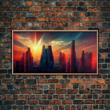 Load image into Gallery viewer, Cyberpunk canvas print, cyber punk city at sunset, Bladerunner vibes art, synthwave style art, cool wall art, night city

