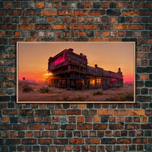 Load image into Gallery viewer, Abandoned wild west saloon at sunset canvas print, travel photography art, outrun sunset ready to hang wall art
