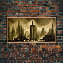 Load image into Gallery viewer, Dystopian Metropolis Art Deco Canvas Print, City Skyline, Fantasy Art, Art Deco Living Room Art, ready to hang wall art

