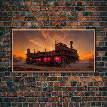 Load image into Gallery viewer, Dystopian steampunk wild west mashup, abandoned wild west saloon art, canvas print, ready to hang wall art

