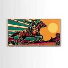 Load image into Gallery viewer, Vintage Cowboy Riding Horse, Western Sunset Wall Art, Framed Canvas Print, Rustic Decor, Cowboy Art, Country Living Room

