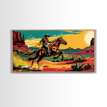 Load image into Gallery viewer, Cowboy Galloping in Desert, Vibrant Sunset Western Art, Framed Canvas Print, Farmhouse Decor, Colorful Wall Art, Cowboy Theme

