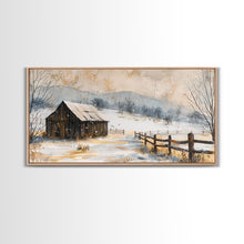 Load image into Gallery viewer, Snowy Barn in Winter Field, Framed Canvas Print, Rustic Wall Art, Living Room Decor, Farmhouse Style, Winter Landscape
