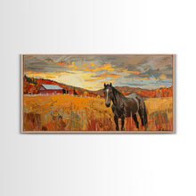 Carregar imagem no visualizador da galeria, Black Horse in Autumn Field with Red Barn, Perfect Farmhouse Art, Framed Canvas Print, Rustic Wall Decor, Living Room Decoration
