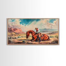 Load image into Gallery viewer, Cowboy Comforting Horse in Open Plains, Farmhouse Western Decor, Framed Canvas Print, Country Living Art, Rustic Wall Art for Home
