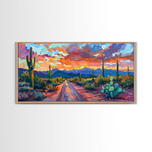 Carregar imagem no visualizador da galeria, Cacti and Mountains Under Sunset Sky, Vibrant Southwestern Landscape Art, Framed Canvas Print, Boho Living Room Decor, Desert Scene
