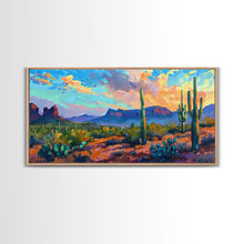 Load image into Gallery viewer, Desert Sunset with Cacti and Mountains, Abstract Southwestern Art, Framed Canvas Print, Rustic Boho Wall Decor, Living Room Art
