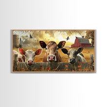 Carregar imagem no visualizador da galeria, Cute cows peeking through barn fence, Framed Canvas Print, ideal for farmhouse living room, country style wall art decor
