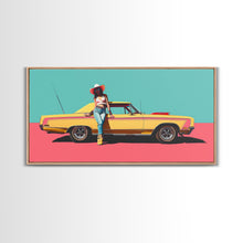 Load image into Gallery viewer, Bold Cowgirl Posing with Yellow Car, Pop Art Framed Canvas Print for Living Room, Ideal Bedroom Wall Art, Unique Home Decor
