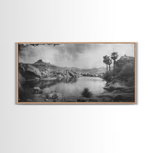 Load image into Gallery viewer, Peaceful Desert Oasis with Palm Trees, Framed Canvas Print for Living Room Decor, Ideal Bedroom Wall Art, Serene Western Scene
