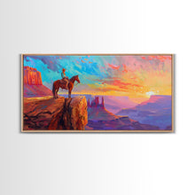 Load image into Gallery viewer, Cowboy and Horse with Canyon View, Farmhouse Style Framed Canvas Print for Bedroom Wall Art, Vibrant Home Decor, Western Scenic Art

