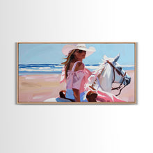 Load image into Gallery viewer, Elegant Cowgirl on Horse by the Shore, Beautiful Framed Canvas Print, Ideal for Coastal Living Room Art, Beach Bedroom Decor, Horse Wall Art
