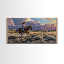 Load image into Gallery viewer, Cowgirl Galloping Across Desert Landscape, Vibrant Framed Canvas Print, Perfect for Living Room Art, Western Bedroom Decor, Desert Wall Art
