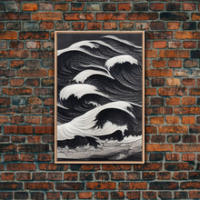 Carregar imagem no visualizador da galeria, Black and White Tidal Waves, Japanese Style Art, Framed Canvas Print, Ready To Hang Framed Wall Art, Living Room Wall Decor

