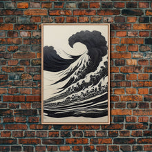 Carregar imagem no visualizador da galeria, Black and White Tsunami Waves, Japanese Style Art, Framed Canvas Print, Ready To Hang Framed Wall Art, Living Room Wall Decor

