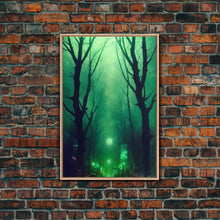 Load image into Gallery viewer, Emerald green city streets under a full moon, cool spooky art, framed canvas print
