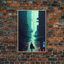 Load image into Gallery viewer, Cyberpunk Tokyo, 80s style retro-futurism, blade runner inspired art, ready to hang framed canvas print wall decor
