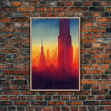 Cargar imagen en el visor de la galería, Chicago at sunset concept art, synthwave style, framed canvas print, ready to hang wall art with frame
