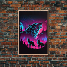 Load image into Gallery viewer, Wolves Howling at the moon, 3 wolf moon, framed canvas print, vaporwave art, Animal art, predator art
