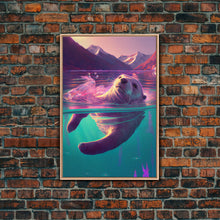 Carregar imagem no visualizador da galeria, Cute Otter going for a swim, pastel retro style art, framed canvas print, Otter out for a swim in a mountain lake
