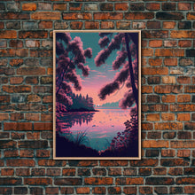 Load image into Gallery viewer, Beautiful Sunset over the lake, My Secret Spot, framed canvas print, Pinkwave retro style landscape art
