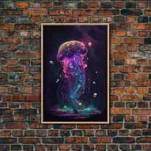 Load image into Gallery viewer, Bioluminescent Cosmic Jellyfish against a Starry night sky, JellyFish Art, Framed Canvas Print, synthwave style art
