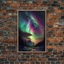 Carregar imagem no visualizador da galeria, Aurora Borealis, Northern Lights Art, framed canvas print, snow capped mountain landscape art
