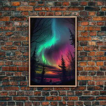Carregar imagem no visualizador da galeria, Aurora Borealis, Northern Lights Art, framed canvas print, snow capped mountain landscape art
