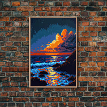 Load image into Gallery viewer, Pixel Art Sunset obscured by clouds, framed canvas print, 8 bit art
